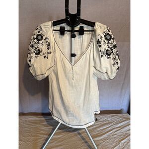 Max Studio Boho Embroidered Blouse Cream Black Floral Puff Top M